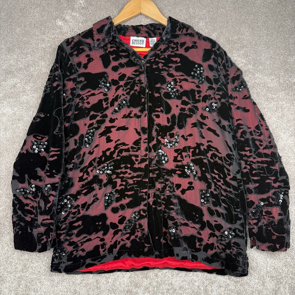 Chico's Design Velvet Burnout Sequin Jacket Size 1 M/8 Animal Blouse Regal Glam